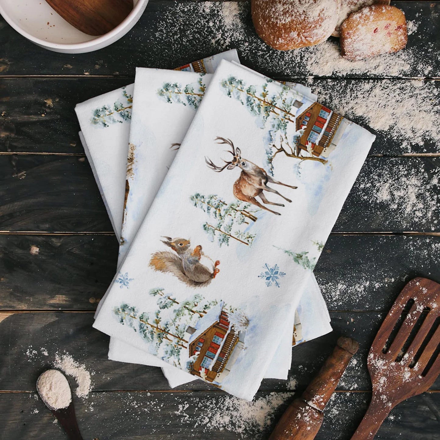 Winter Christmas Farmhouse Squirrel Snowman Elk Soft Microfiber Kitchen Towels Absorbent Dish Cloth Kichen Cleaning Supplies