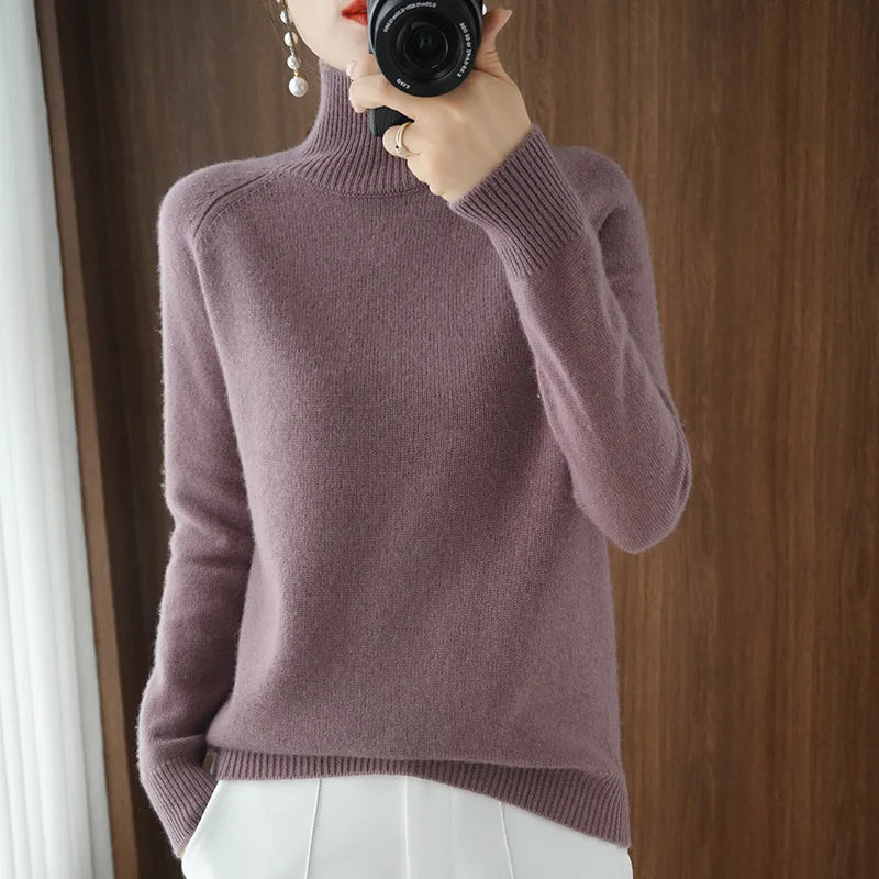 Turtleneck Merino Wool Pullover Basic Casual Cashmere Sweater Comfort Autumn Winter Women's Raglan Sleeve Clothing Tops