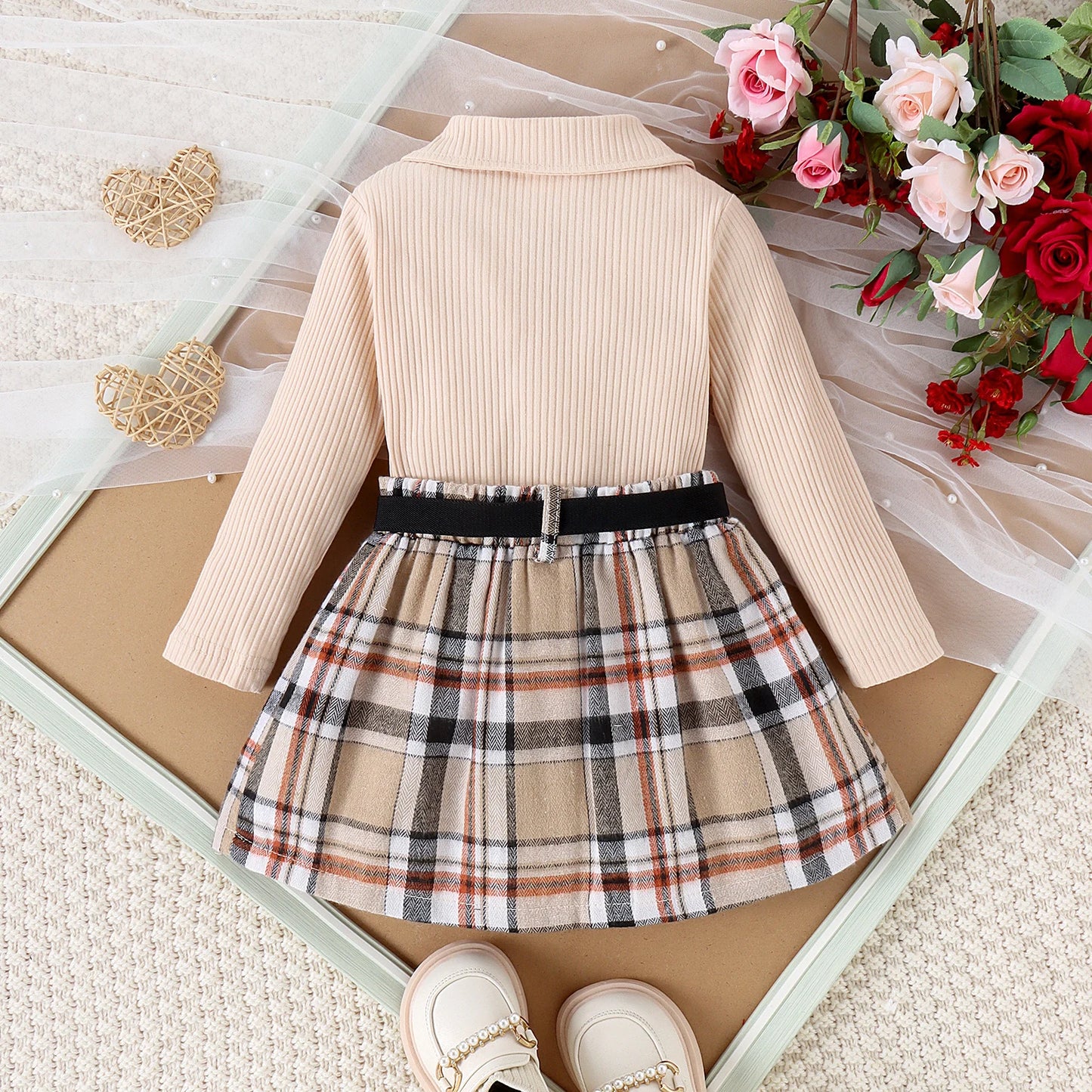 3PCS Autumn New Style 1-5 Year Old Middle And Middle School Girls Fashion College Style Solid Color Pit Top + Plaid Skirt Set