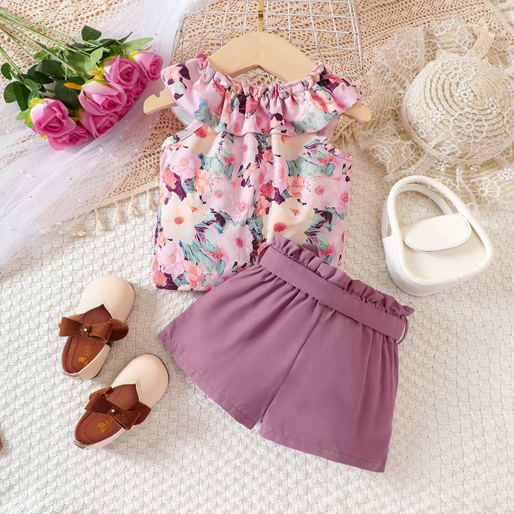 Kids Casual Summer Clothing Sets Outfits for Girls 2024 New Toddler Floral Print Ruffles Tops Short Pant Fashion Children 1-8Y