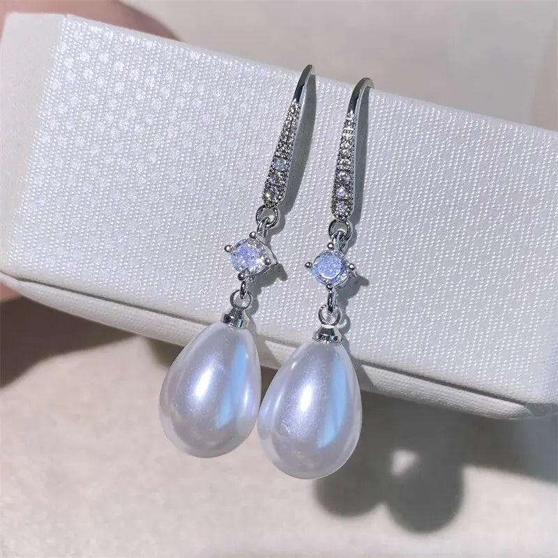 Fashion Water Drop Pearl Zircon Dangle Earrings for Women Bridesmaid Wedding Jewelry