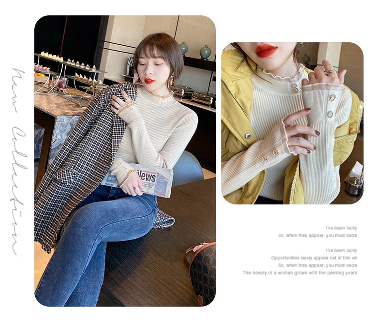 2024 Knitted Women Sweater O-neck Button Pullovers Spring Autumn Basic Sweaters for Female Pullover Slim Solid Bold Lace Tops