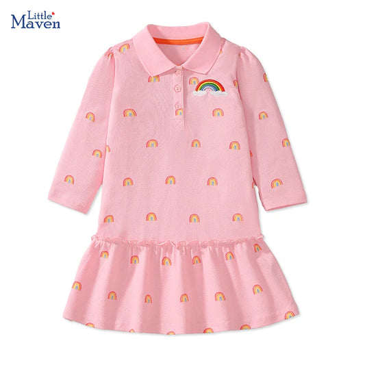 Little maven 2024 New Autumn Baby Girls Long Sleeves Pink Polo Rainbow Dress Cotton with Lovely Casual Clothes for Kids 2-7 year