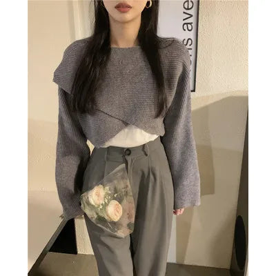 Winter Knitted Cropped Cross Irregular Streetwear Sweater Y2K Tops Women Sweater Autumn Long Sleeve Pullovers Sweater Pull 22933