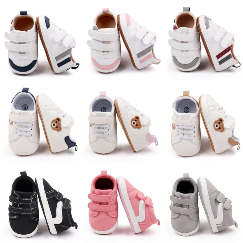 New White Baby Shoes Lovely Bear / Stripes Casual Soft Sole Anti-slip Infant Sports Toddler Boys Girls First Walkers