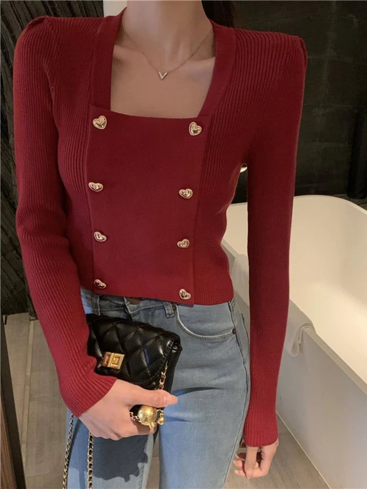 Short Square Collar Crop Top Knitted Sweater Women Korean Clothes Love Button Long Sleeve Sweaters 2022 Autumn Winter Pullover