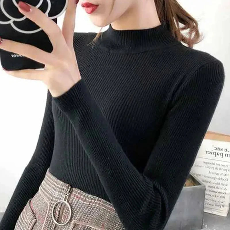 Mock Neck Women Sweater Vintage Basic Solid Knitted Tops Casual Slim Pullover Autumn Winter Korean Tops Simple Chic Jumpers