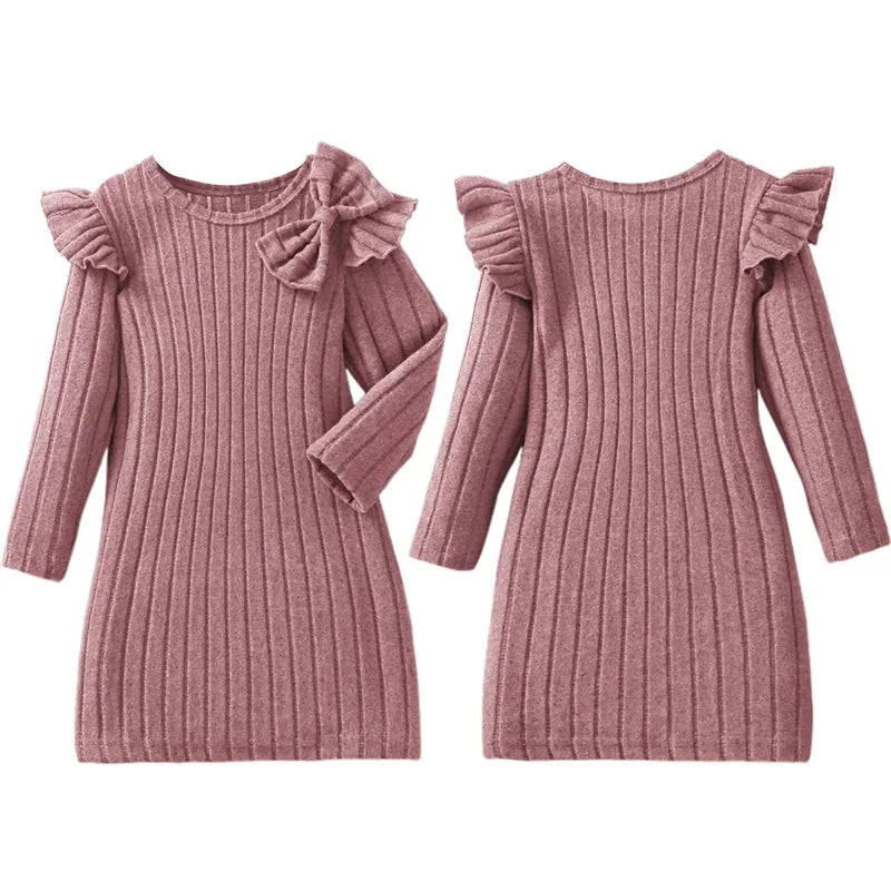 3-8Y Kids Girls Knit Dress Solid Color Bowknot Round Neck Long Sleeve Casual Dress Fall Winter Kids Princess Warm Dresses