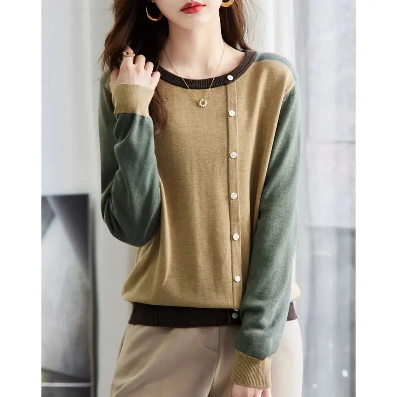 Spring Autumn New Fashion Round Neck Long Sleeve Pullovers Women's Clothing Patchwork Color Blocking Knitting Button Sweaters