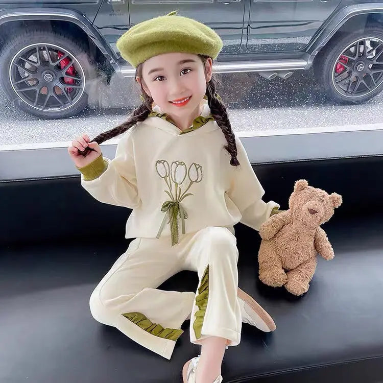 Baby Girl Clothing Childrens Clothing Autumn and Winter Flower Hat Two Sets 2023 New Fashion Loose Comfortable Pants Two Sets