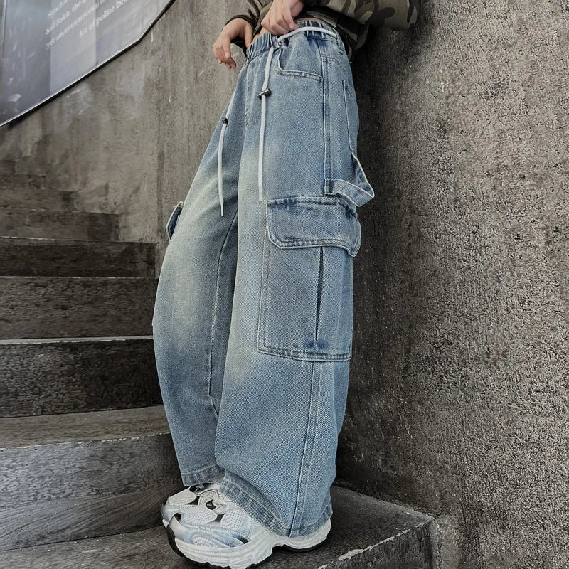 Cargo Jeans for Girls Spring Autumn Loose Casual Elastic Waist Teenage Children Wide Leg Pants Design Streetwear Kids Trousers