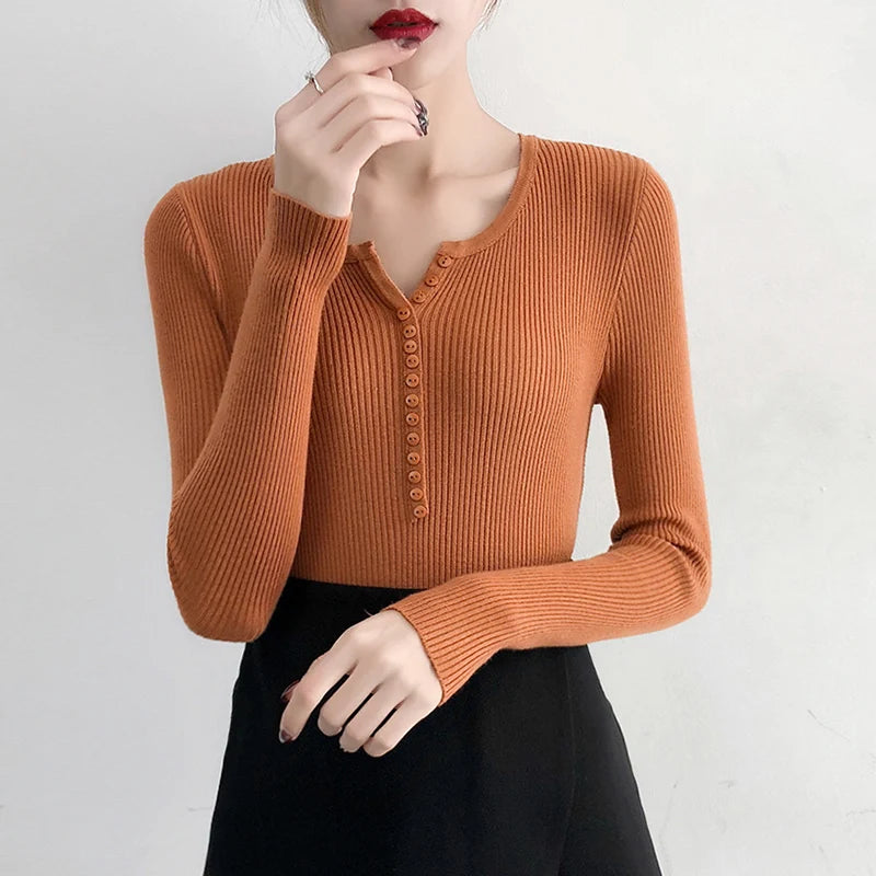 Autumn Winter Button V Neck Sweater Women Basic Solid Slim Pullover Women Sweaters Knitted Casual Jumper Ladies Tops