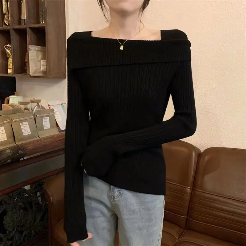 Women Slim Off Shoulder Knit Sweater Slash Neck Long Sleeve Knitwear Jumpers Office Sweater For Women 2023 Autumn Winter