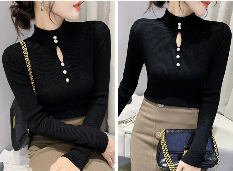 Autumn Winter Pullovers Women Hollow-out Sweaters Long Sleeve Half High Collar Sweater Female Slim Korean Knitwears Tops 2024