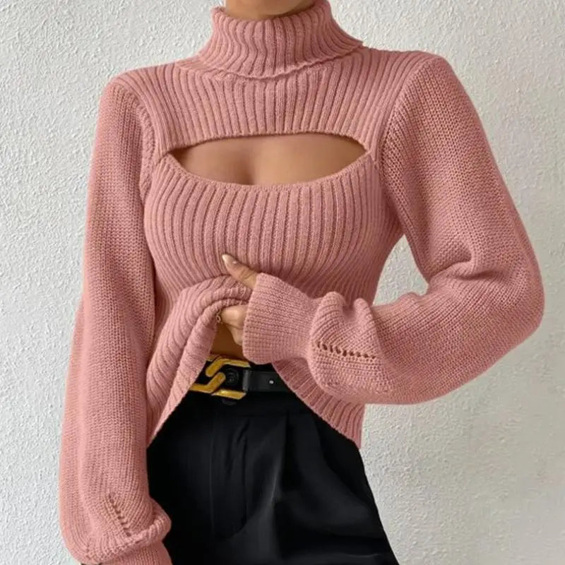 Chest Hollowed-out Sexy Sweater Design Sexy Loose Matching Sweater Fall Winter Turtleneck Hollowed-out Sweater Women Wear Top