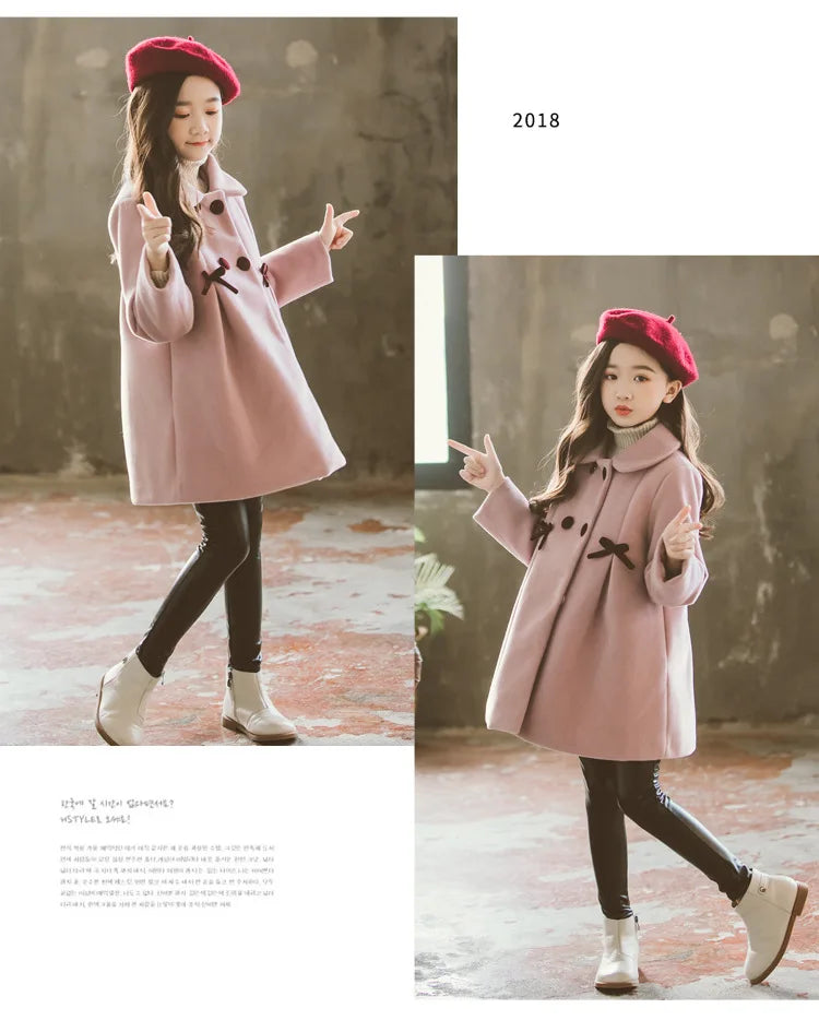 3 4 5 6 8 10 12 Years Girls Wool Coat Autumn Winter Korean Version Long Kids Jacket Double Breasted Children Outerwear Clothing