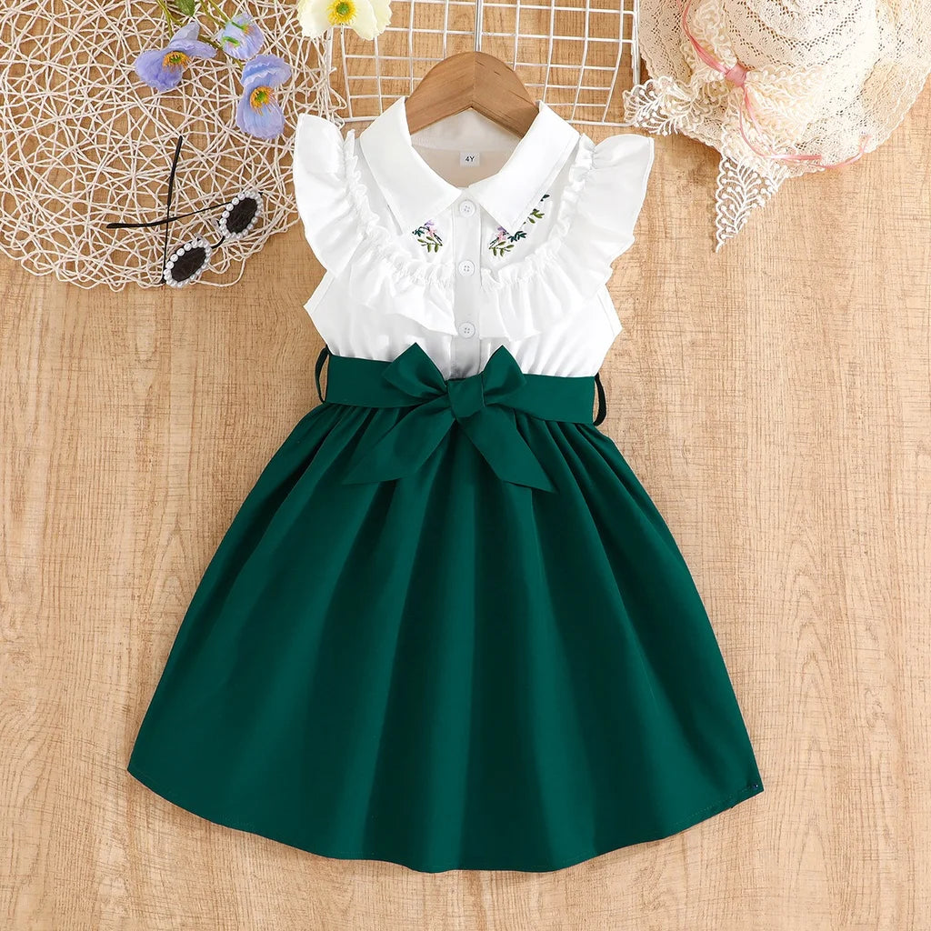 Dress For Kids 2-7 Years old Birthday Ruffled Embroidered Sleeveless Emerald Green Princess Dresses Ootd For Baby Girl