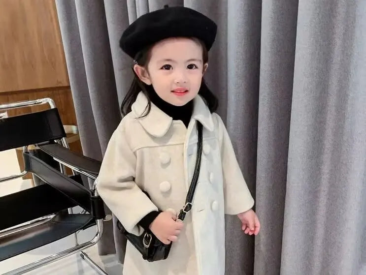 Winter Girl Baby Jacket Outdoor Cardigan Children's Medium Length Woolen Cotton Coat Thickened Double Breasted Jacket New 2024