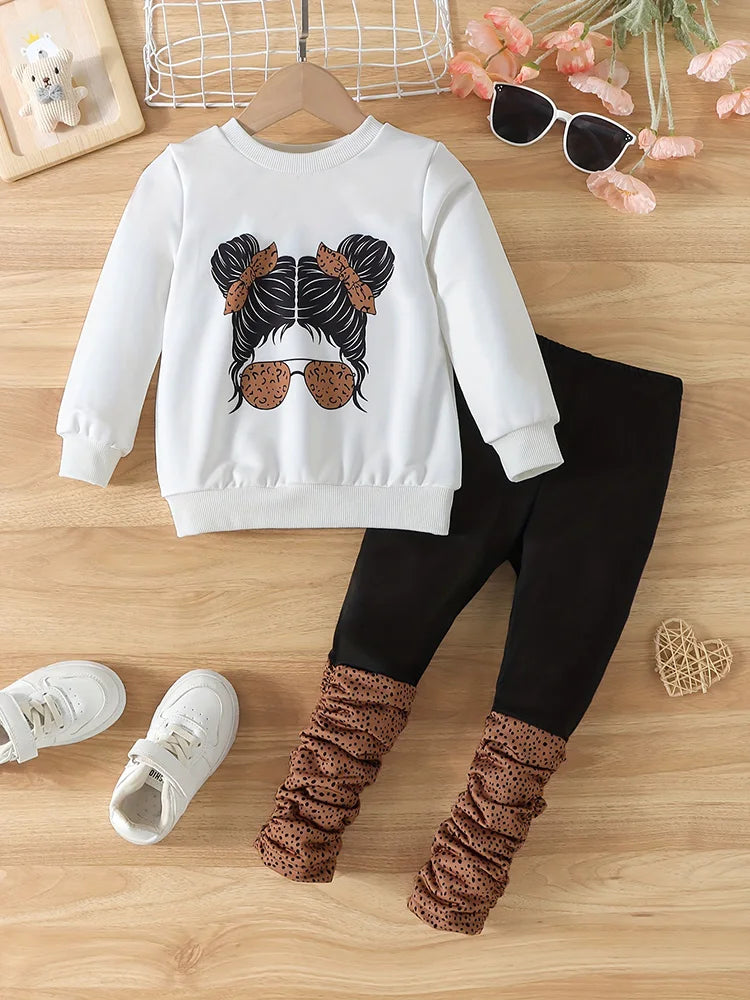 Two-piece set for girls in autum portrait print round neck long-sleeved sweatshirt pure color stitching pleated printed pants suit