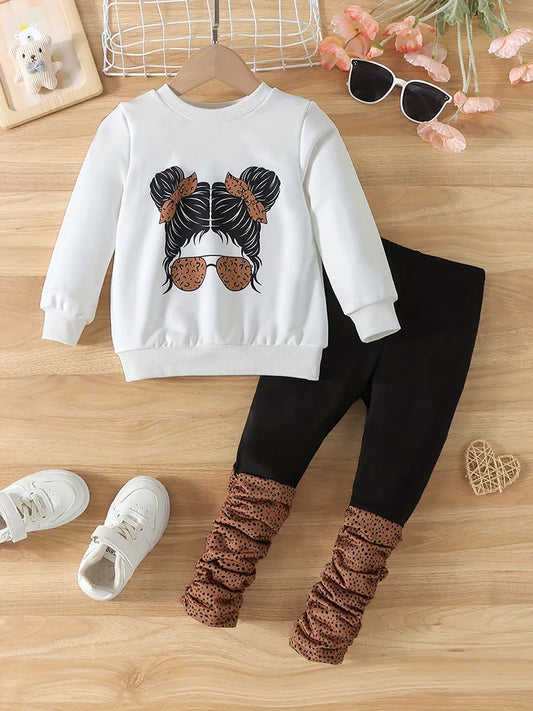 Two-piece set for girls in autum portrait print round neck long-sleeved sweatshirt pure color stitching pleated printed pants suit