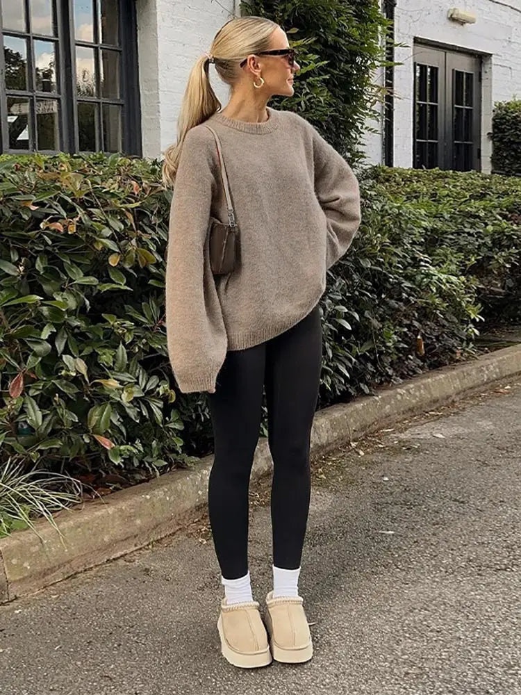 Casual Brown O-Neck knitted Cashmere Pullover Women Fashion Full Sleeve Loose Commute Jumper 2024 Autumn Lady Street Outerwears