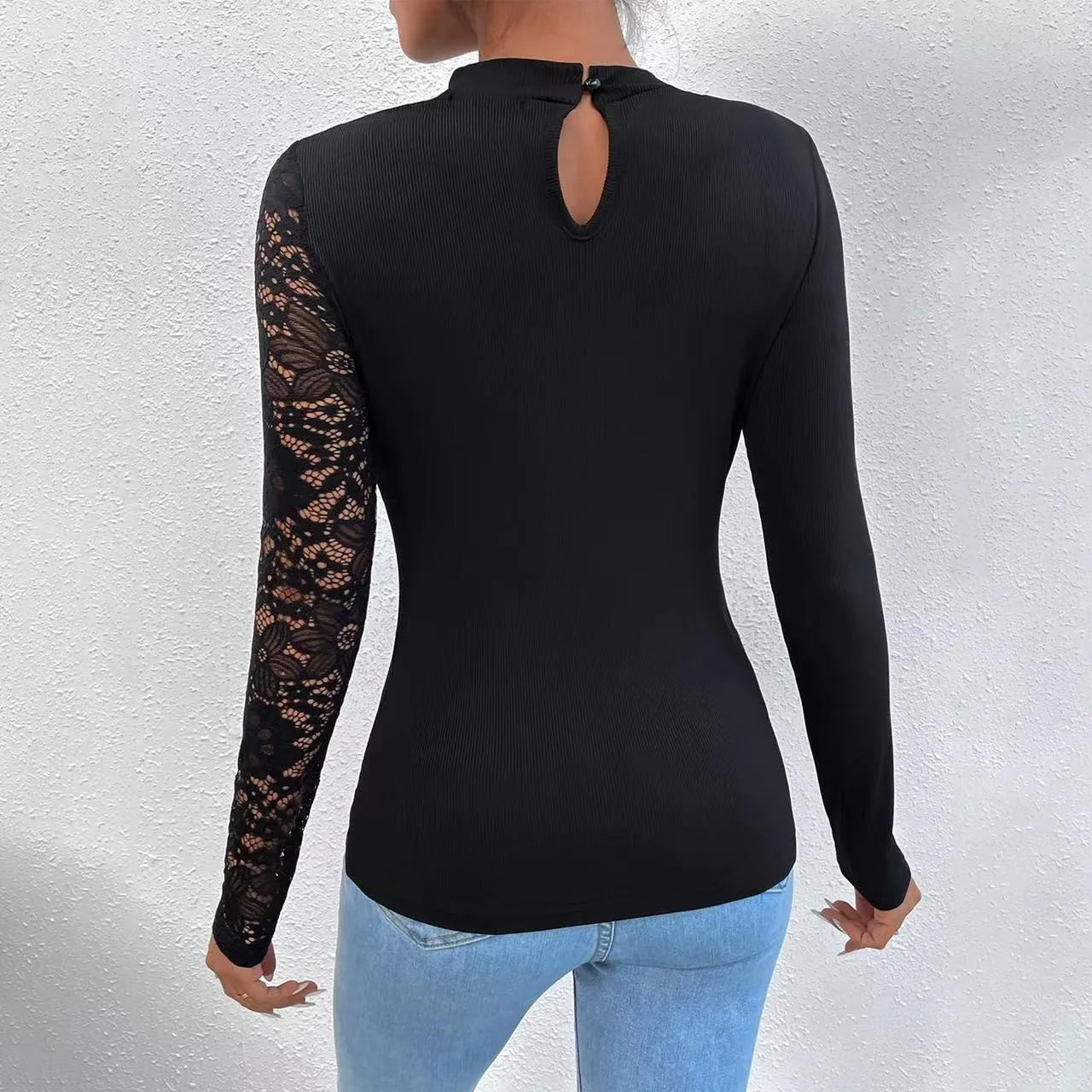 Women's Shirts 2024 Spring Autumn Sexy Off Shoulder Lace Irregular Long Sleeve Black Tops O-neck Ladies Elegant Blouse T-shirt