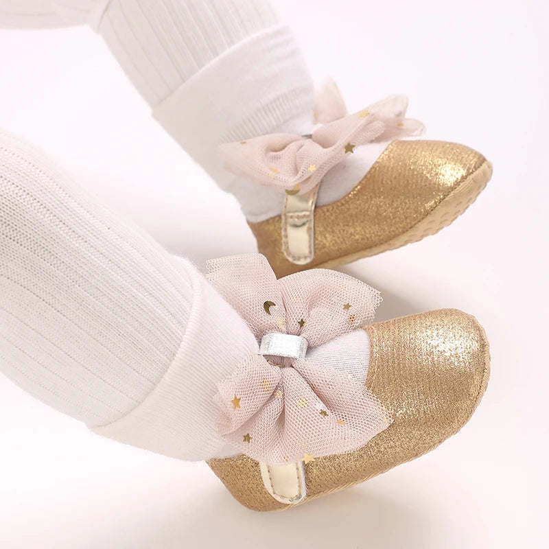 0-18M Girls' Baby Shoes Fashionable Classic Gold Theme Princess Shoes Soft Sole Comfortable Baby Walking Shoes