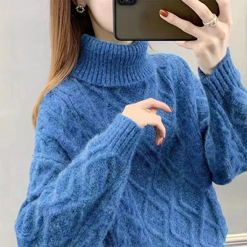 Women's Turtleneck Sweater Fall Winter New Loose Warm Knit Pullover Tops Candy Colors Knitwear Jumper Korean Soft Casual Poleras