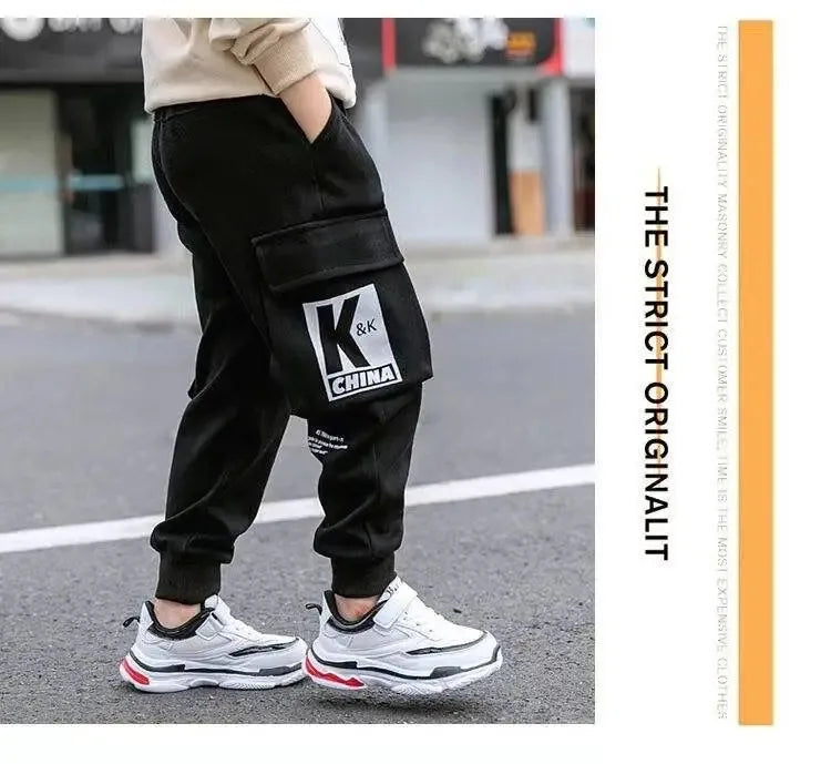 2024 Autumn Boys Pants Letter Print Cotton Sweatpants Casual Korean Cargo Pants Fashion Teenage Kids Sport Multi-pocket Pants