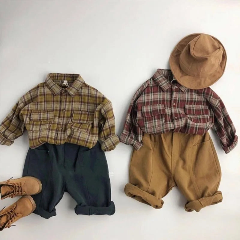 Fashion Baby Girl Boy Cotton Plaid Shirt Infant Toddler Child Trousers Outfit Spring Autumn Summer Baby Casual Clothes 1-7Y