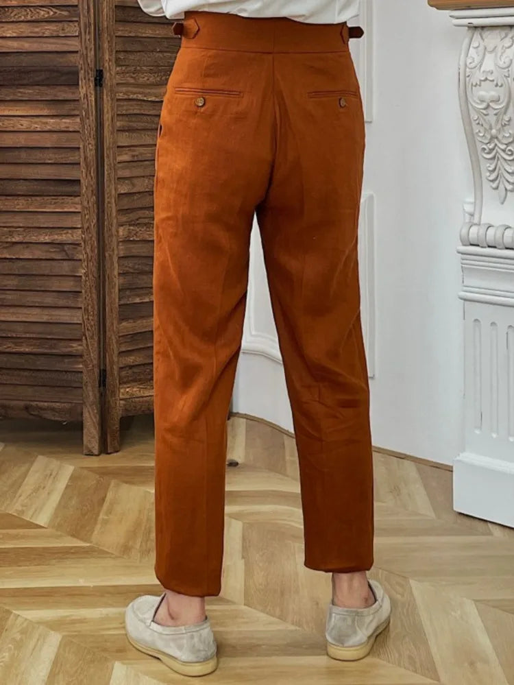 Linen Straight Leg Pant Naples High Waist Suits Retro Casual Pant British High Waist Pants Office-trouser Men Dress Pant Trouser