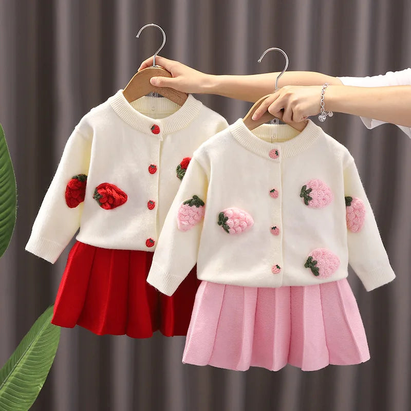 Autumn Winter Toddler Girl 2PCS Clothes Set 3D Strawberry Knitted Sweater Cardigan Suit Solid Pleated Skirts Little Girl Outfits