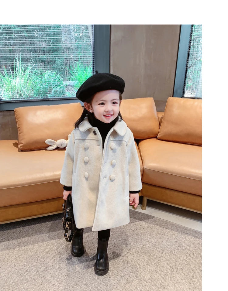 1-7 Years Girls Wool Coats New Fashion Korean Version Long Kids Jacket Spring Autumn Double Breasted Children Outerwear Clothing