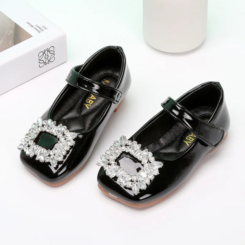 Spring Autumn  Kids Shoes for Girl Leather Shoes Fashion Rhinestone Flat Heels Infant Girls Party Shoes Red Black