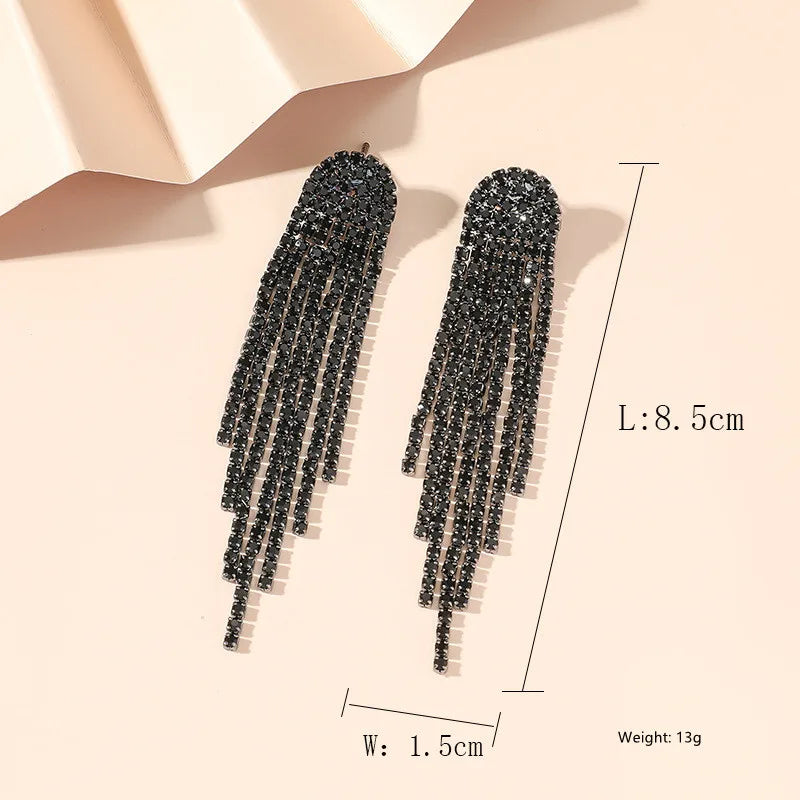 FYUAN Fashion Long Tassel Drop Earrings for Women Black Gold Silver Color Rhinestone Dangle Earring Wedding Party Jewelry