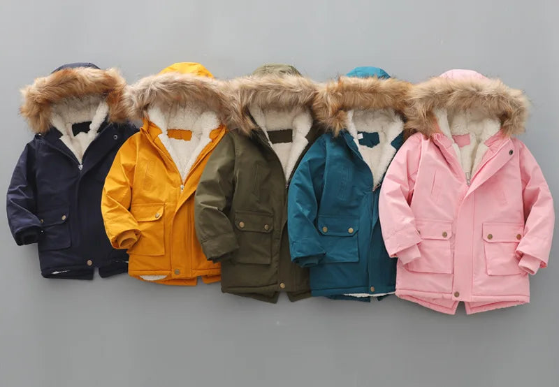 2 3 4 5 6 7 Year Winter Boys Jacket Windbreaker Keep Warm Thicken Fur Collar Girls Coat Hooded Children's Outerwear Kids Clothes