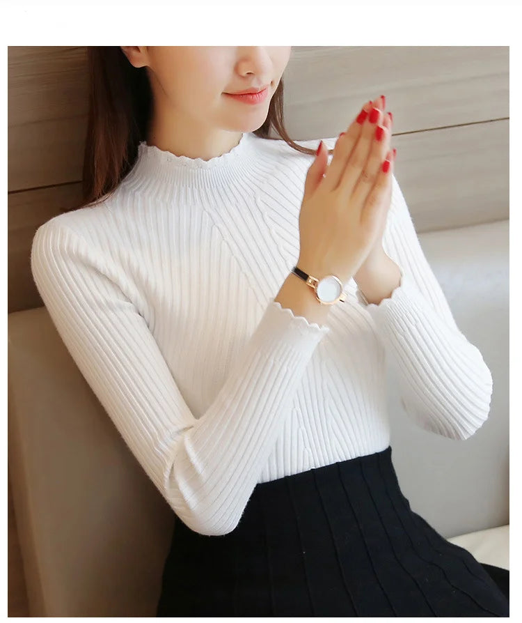 2024 Autumn Women Mock Neck Ruffles Sweater Long Sleeve Knitted Bottoming Solid Pullovers Stripe Women Casual Sweater Winter