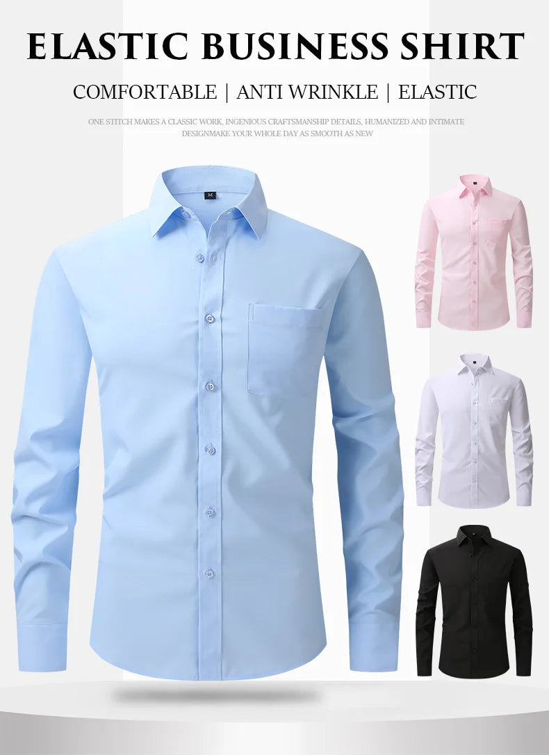 Orange Mens Dress Shirts 2023 Autumn New Regular Fit Stretch Shirt Men Long Sleeve Wrinkle-Free Easy Care Shirt Male Chemise Him