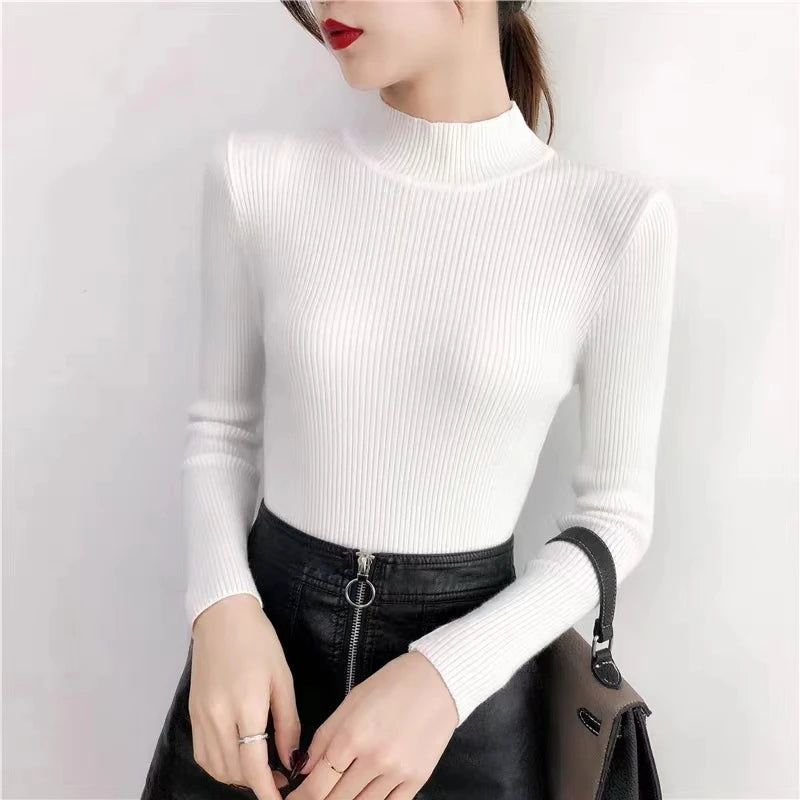 Autumn High Collar Long Sleeve Skinny Elastic Casual Tops Bottoming Sweater Women Basics Knitted Shirts Warm Knitwear Pullovers