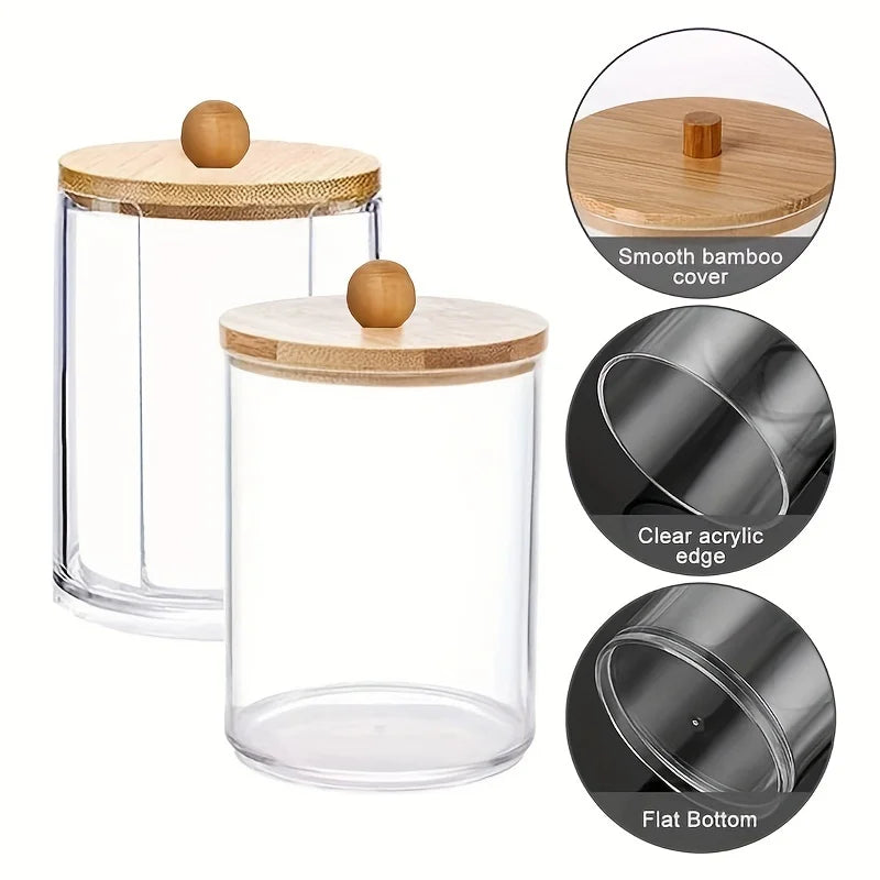 2 PCS Cotton Pad Holder, Bathroom Jars, Storage Box Organizers Cotton Pad Storage with Bamboo lid, Durable, Dust-proof