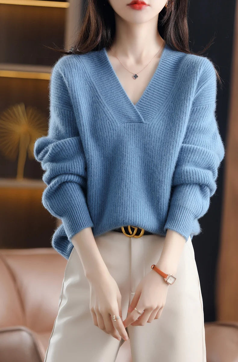 V-Neck Autumn Winter Sweater pullovers Women 2024 loose thick cashmere Sweater Pullover women oversize sweater jumper