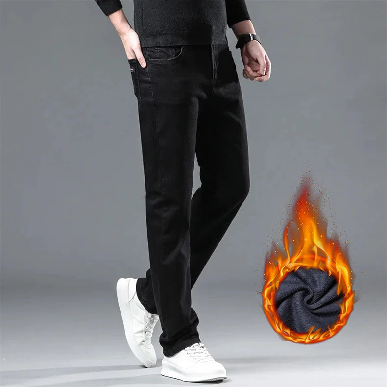 WTHINLEE Thick Fleece Men's Stretch Jeans Winter Thermal Warm Straight Casual Denim Trousers Black Soft Cozy Jean Pants