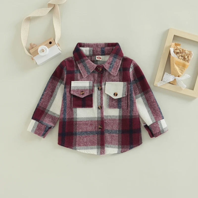 2022-08-23 Lioraitiin 0-4Years Kids Baby Girl Boy Plaid Shirt Jacket Casual Lapel Long Sleeve Button Up Cardigan Jacket Coat