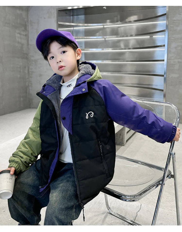 Children's Jackets Winter Parkas for Boys Coats Korean Teen Kids Cotton Velvet Padded High Quality Outerwear Pocket Hooded Coats