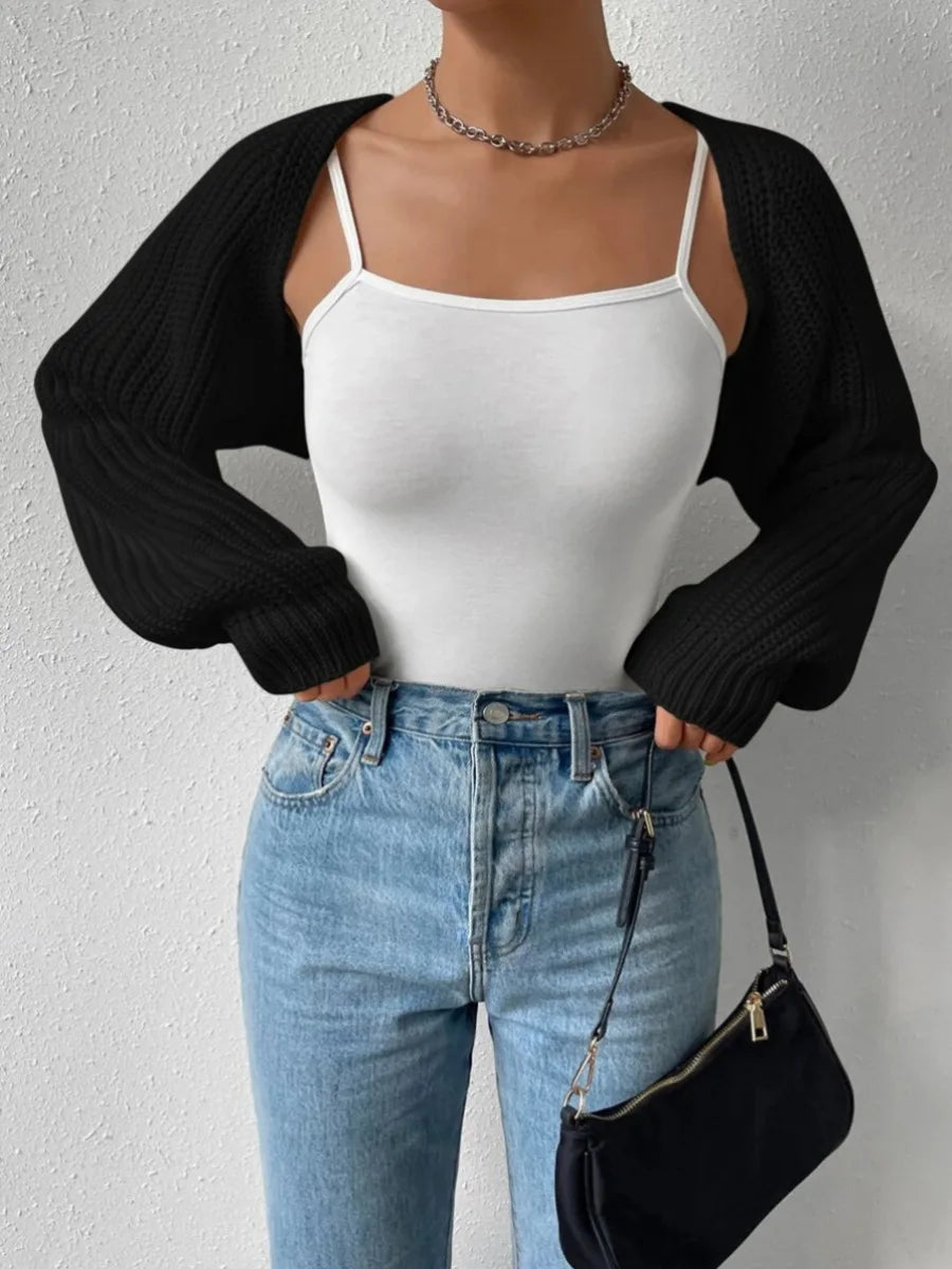 Women Spring Fall Ribbed Knit Sweater Cardigan V-Neck Long Sleeve Solid Cropped Shrug Sweater Bolero Tops Casual Outerwear