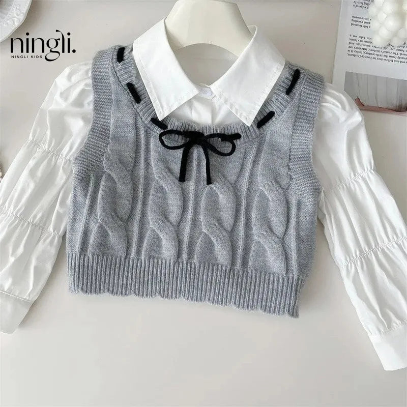 Spring Autumn Children Girl 3PCS Clothes Set Cotton White Ruched Shirts Knitted Bow Vest Pleated Skirts Suit Toddler Girl Outfit