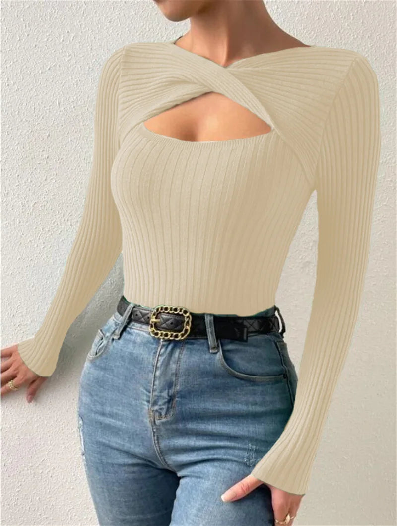 Casual Long Sleeve Hollow Out Irregular Round Neck T Shirts Basic Tee Sweater Top Lightweight Sweaters for Women Autumn