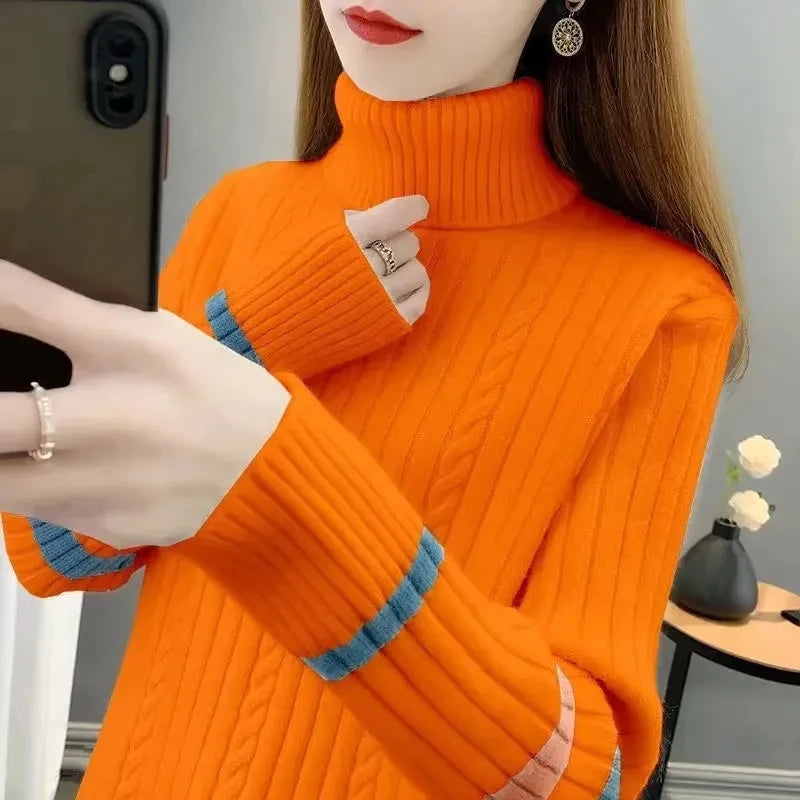 2023 Autumn Winter Women Turtleneck Sweater Soft Pullovers Loose Warm Elasticity Long Sleeved Knitted Sweater Jumper Female Tops