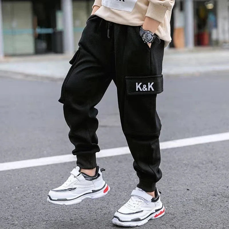 2024 Autumn Boys Pants Letter Print Cotton Sweatpants Casual Korean Cargo Pants Fashion Teenage Kids Sport Multi-pocket Pants