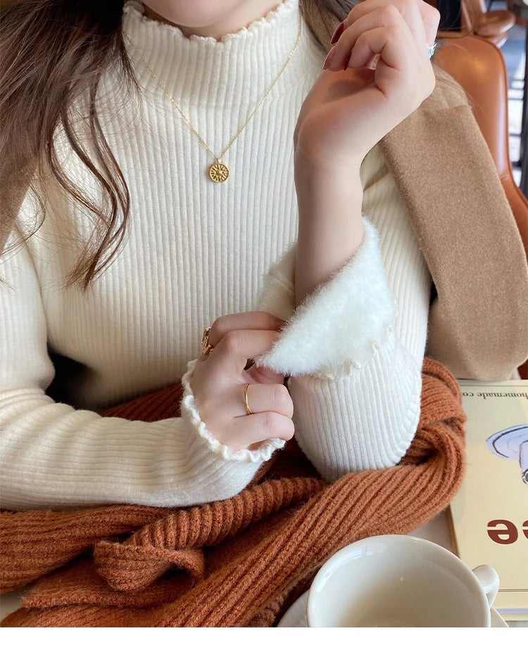 Autumn Winter Women Ruffles Mock Neck Sweater Thicken Fleece Warm Thermal Pullover For Women Cashmere Sweater 2023